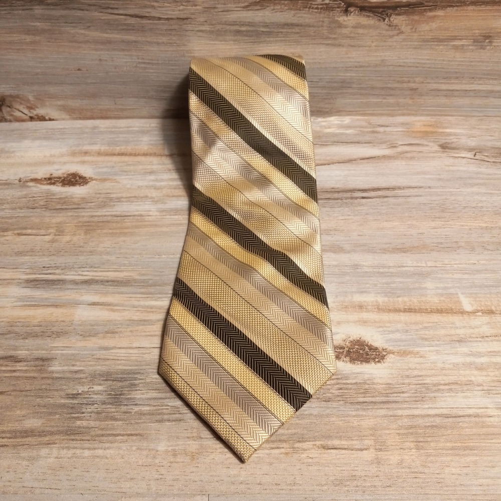 Bruno Piattelli Mens Silk Tie Gold Tan Brown Diagonal Striped Hand Made Italy